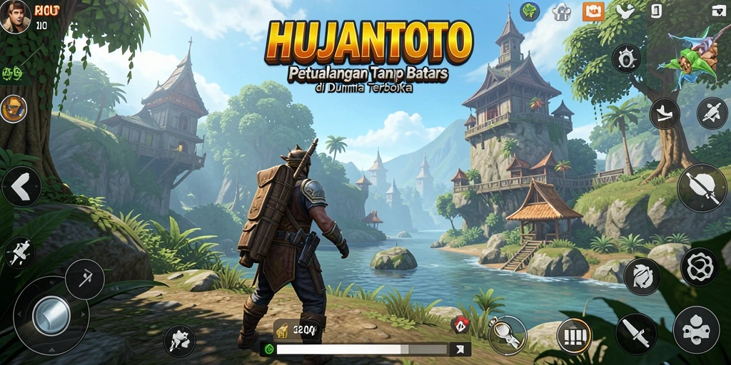 Screenshot gameplay HUJANTOTO yang menunjukkan petualangan di dunia terbuka.