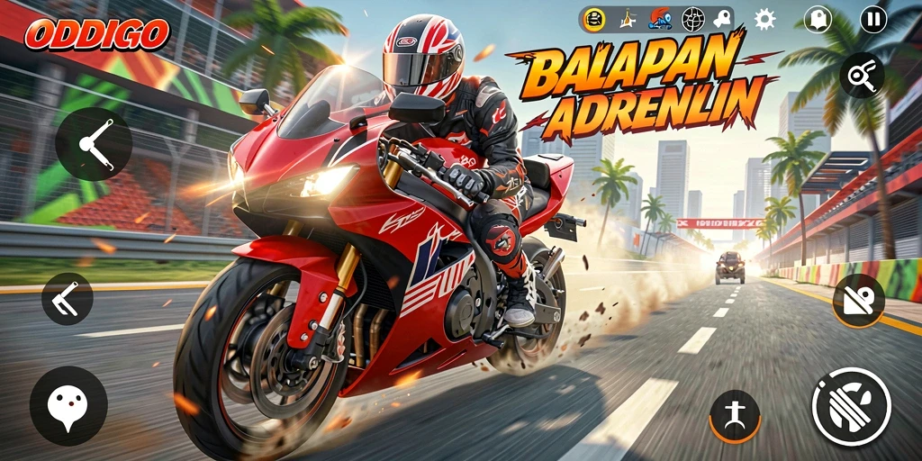 Screenshot gameplay ODDIGO menampilkan balapan motor yang intens dan mendebarkan.