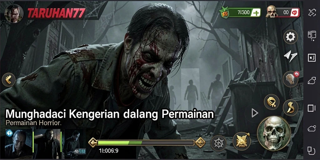Screenshot gameplay TARUHAN77 menampilkan suasana gelap yang menegangkan dan karakter yang menyeramkan.