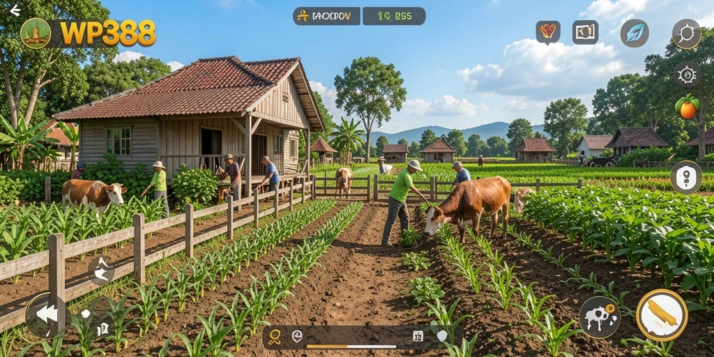 Gameplay WP888 yang menampilkan aktivitas bertani yang menyenangkan.